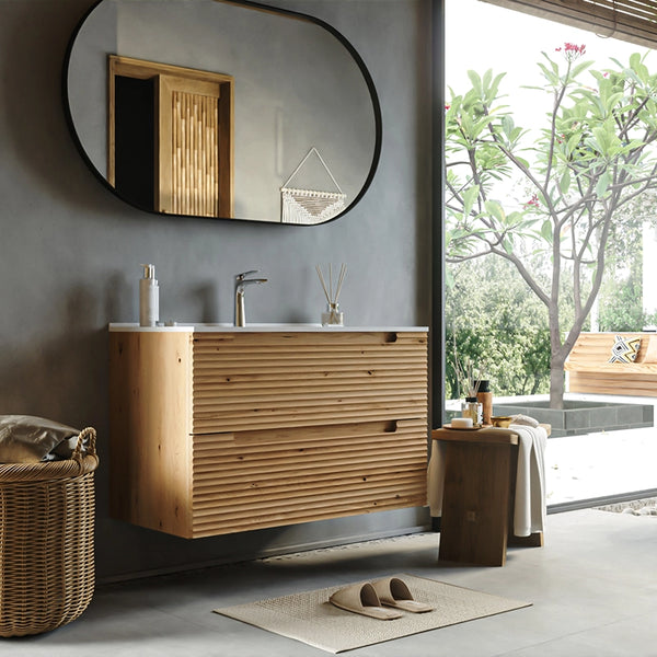 Mobile bagno rovere 100x45 Mango due cassetti soft close effetto legno con lavabo in ceramica lucida