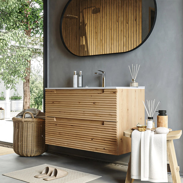 Mobile bagno rovere 100x45 Mango due cassetti soft close effetto legno con lavabo in ceramica lucida
