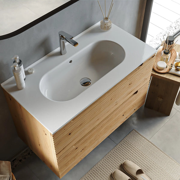 Mobile bagno rovere 100x45 Mango due cassetti soft close effetto legno con lavabo in ceramica lucida