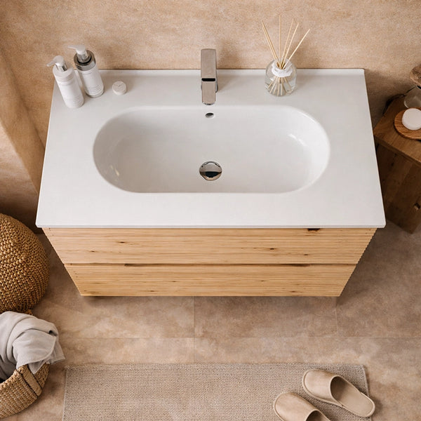 Mobile bagno rovere 100x45 Mango effetto legno con lavabo in ceramica