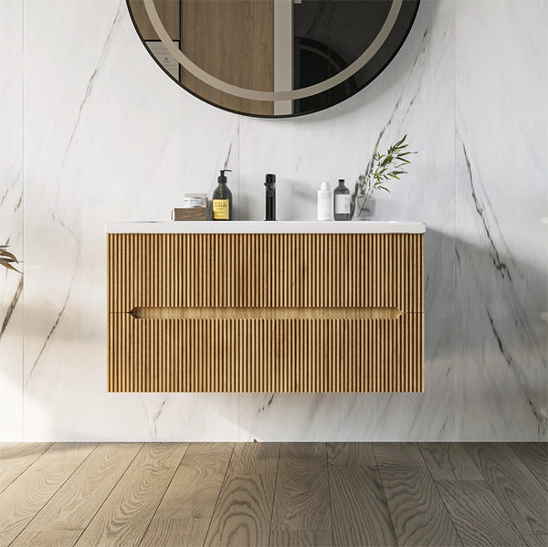 Mobile bagno rovere 120x46 cannettato Urbino due cassetti con lavabo in ceramica