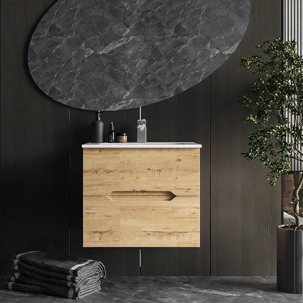Mobile bagno rovere chiaro 60x46 Urbino con lavabo in ceramica due cassetti