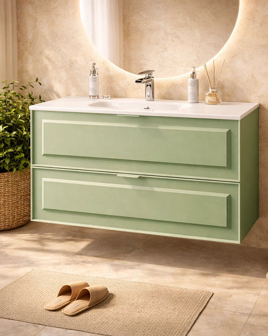 Mobile bagno salvia opaco 102x47 Dublino con lavabo in ambientato in bagno moderno con specchio e accessori - Exagonshop