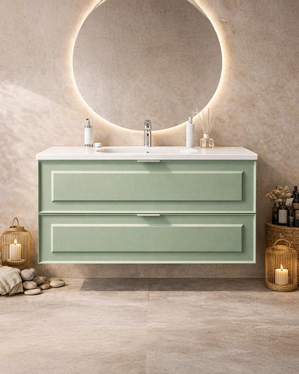 Mobile bagno salvia opaco 82x47 Dublino con lavabo in in ceramica e naturale con lavabo e rubinetteria, vista frontale su...