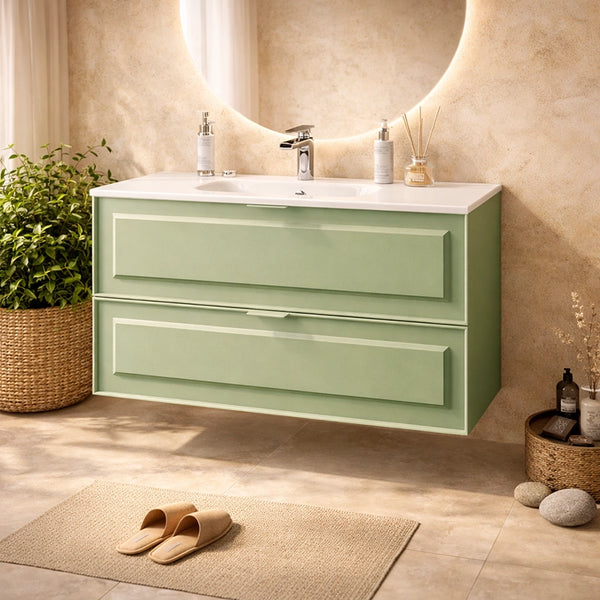 Mobile bagno salvia opaco 82x47 Dublino con lavabo in ambientato in bagno moderno con specchio e accessori - Exagonshop