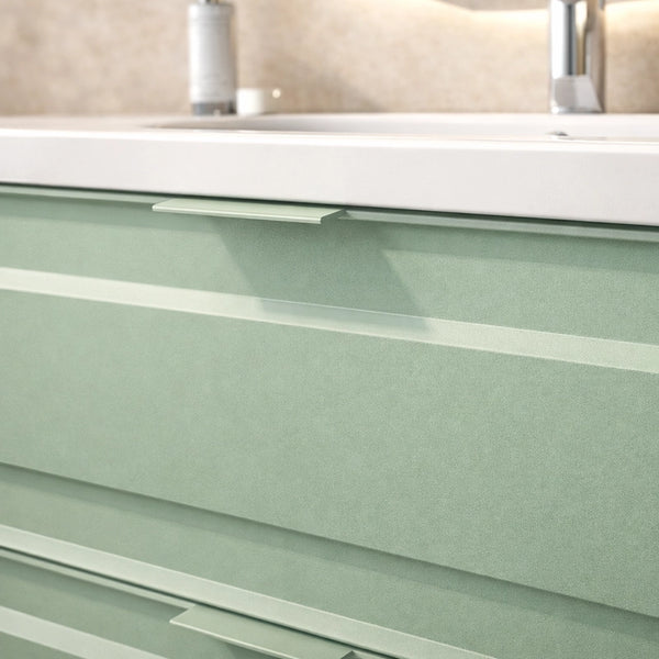 Mobile bagno salvia opaco 82x47 Dublino con lavabo in, dettaglio ravvicinato della finitura e del cassetto - Exagonshop