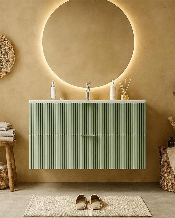Mobile bagno salvia opaco 82x47 cannettato Teramo con in ceramica e lucido con lavabo e rubinetteria, vista frontale su...
