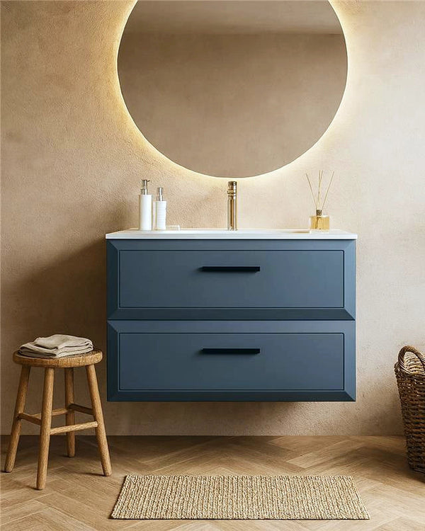 Mobile bagno sky blue 100x45 Praga lavabo in ceramica lucido con lavabo e rubinetteria, vista frontale su sfondo neutro...
