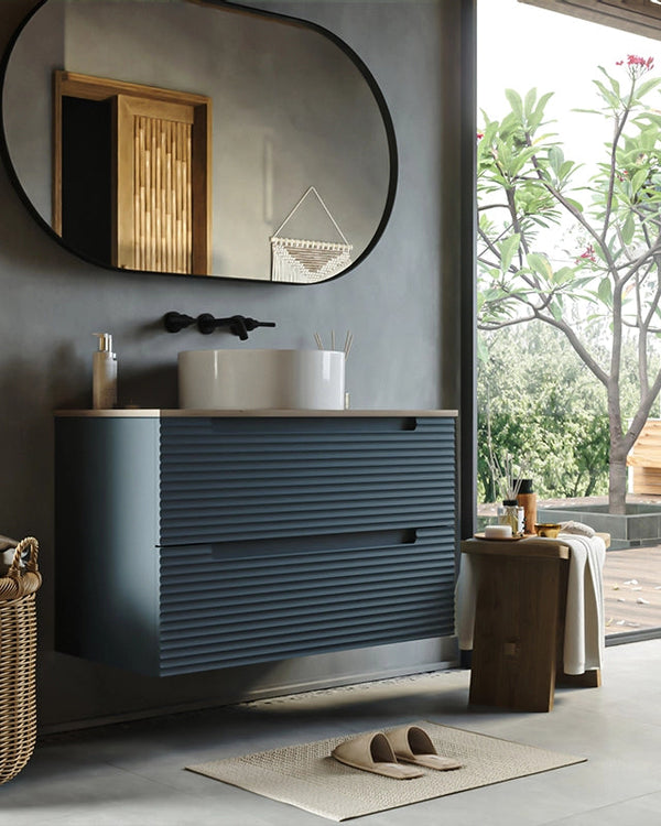 Mobile bagno sky blue 100x45 Mango top quercia e lavabo, vista dall'alto del piano con lavabo - Exagonshop
