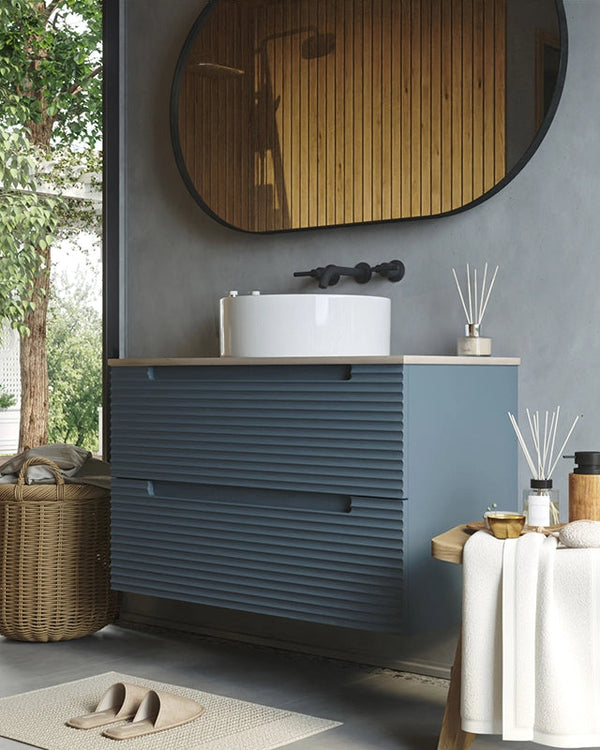 Mobile bagno sky blue 100x45 Mango top quercia e lavabo, vista laterale della struttura sospesa - Exagonshop
