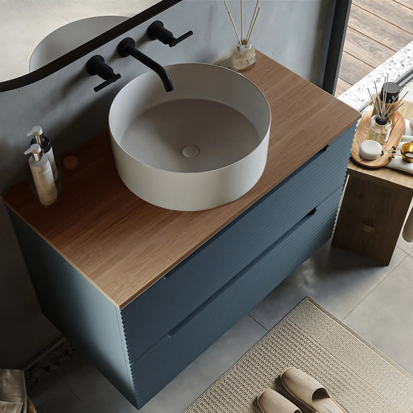 Mobile bagno sky blue 80x45 Mango soft close con top noce e lavabo da appoggio in ceramica lucida