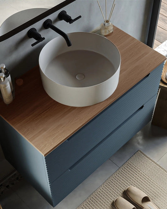 Mobile bagno sky blue 80x45 Mango top noce e lavabo da, vista dall'alto del piano con lavabo - Exagonshop