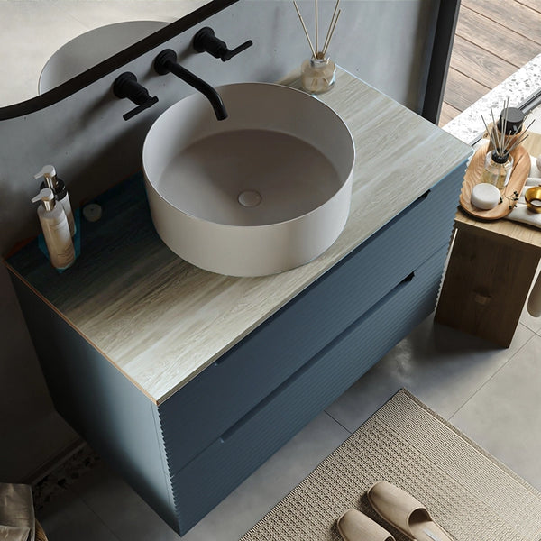 Mobile bagno sky blue 100x45 Mango soft close con top quercia e lavabo tondo da appoggio in ceramica lucida