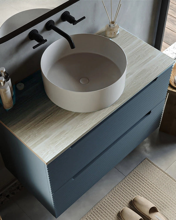 Mobile bagno sky blue 100x45 Mango top quercia e lavabo, dettaglio ravvicinato della finitura e del cassetto - Exagonshop