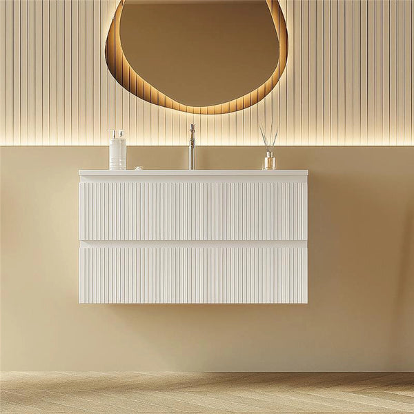 Mobile bagno sospeso 100 cm bianco opaco cannettato con lavabo Pisa