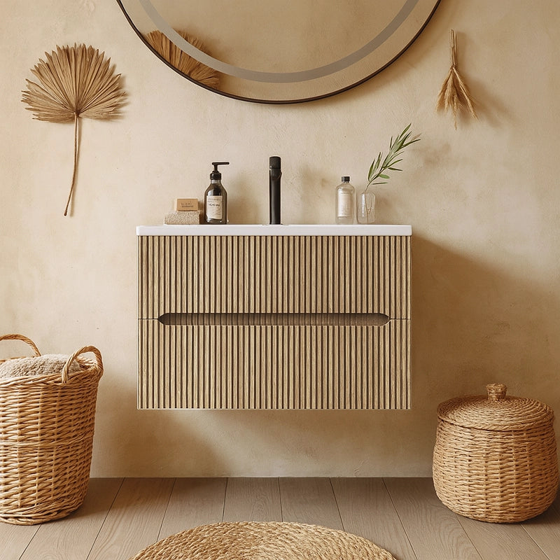 Mobile bagno teak 60x46 cannettato Urbino due cassetti con lavabo in ceramica