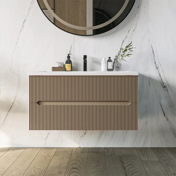Mobile bagno tortora opaco 90x46 cannettato Urbino due cassetti con lavabo in ceramica