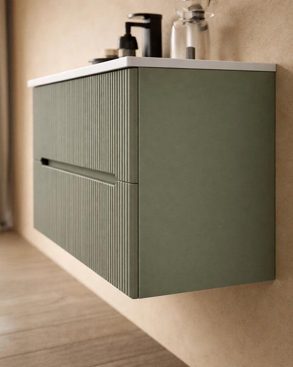 Mobile bagno verde muschio 60x46 cannettato Urbino con, dettaglio ravvicinato della finitura e del cassetto - Exagonshop