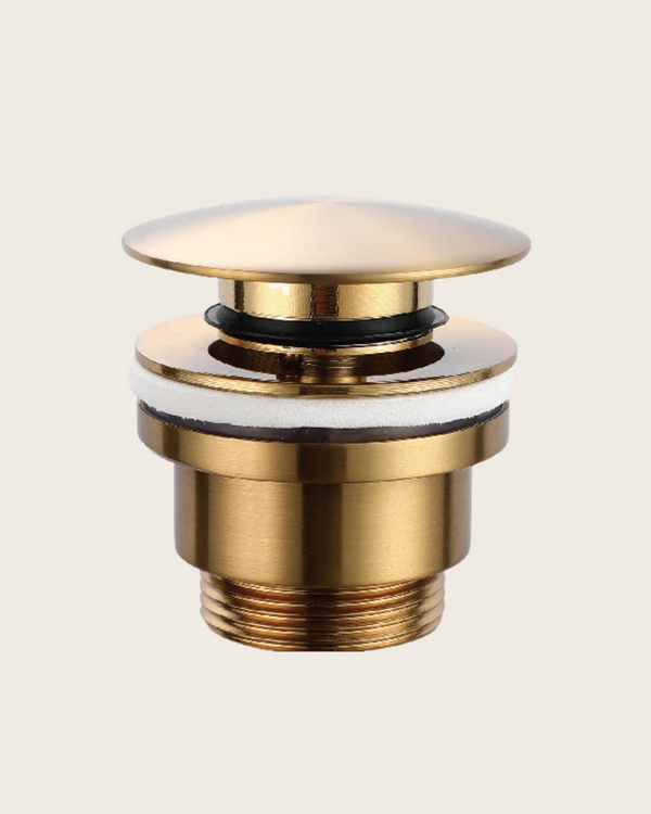 Piletta click clak per lavabo e bidet universale in ottone in spazzolato e pvd, vista frontale della maniglia e della...