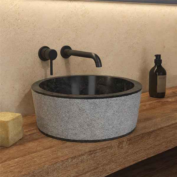 New Line Stone Mirror Lavabo 40 Cm Da Appoggio In pietra grigia e Marmo Nero