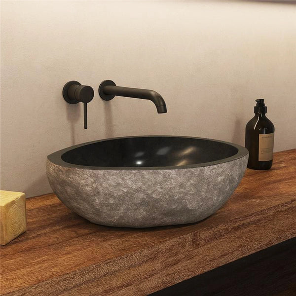 New Line Stone Mirror Lavabo 45x40 ovale Da Appoggio In pietra grigia e Marmo Nero