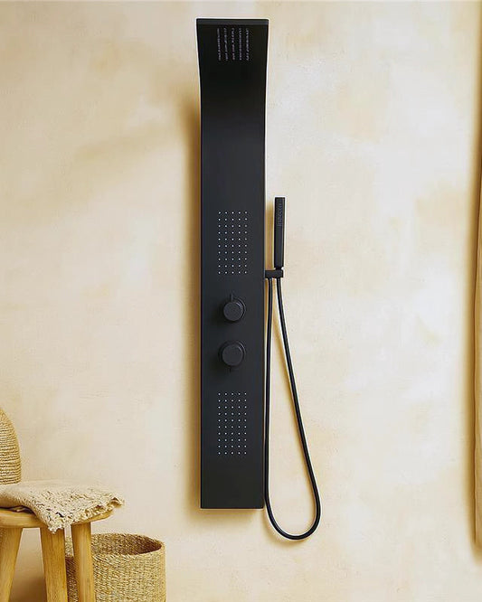 Pannello doccia idromassaggio Ibiza in alluminio nero tondo, dettaglio ravvicinato della finitura e del marchio - Exagonshop