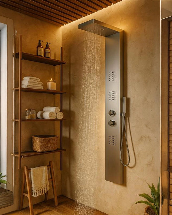 Pannello doccia idromassaggio termostatico effetto cascata Cromo in acciaio inox, vista frontale della maniglia e della...