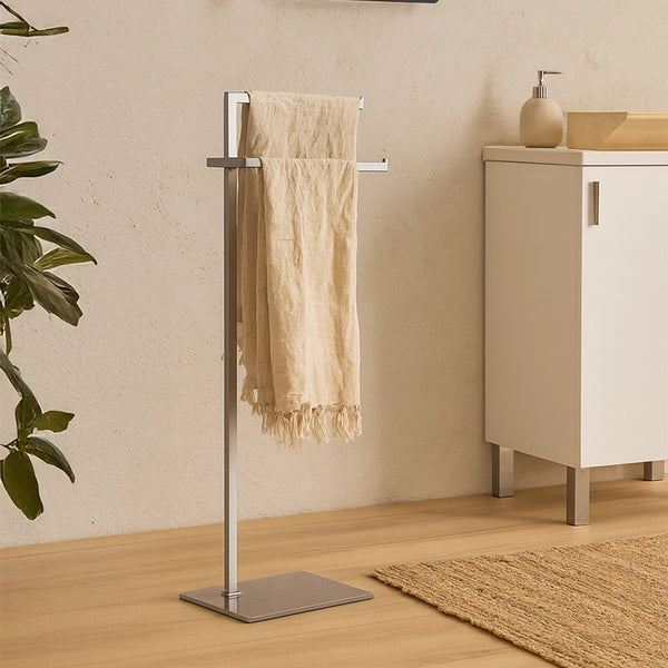 Piantana Portasciugamani doppia Con Base In Vetro Tortora e Acciaio Cromato