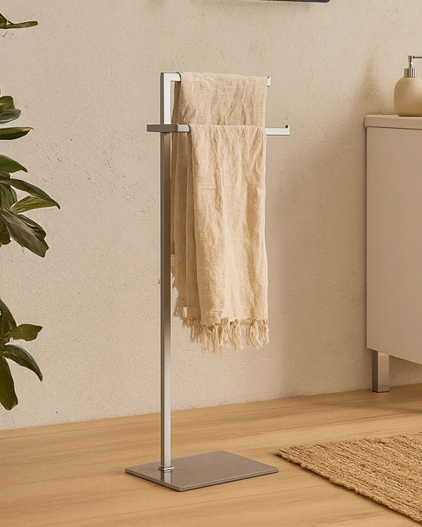 Piantana Portasciugamani Con Base In Vetro Tortora cromo in vetro temperato e cromato montato a parete, vista del design...