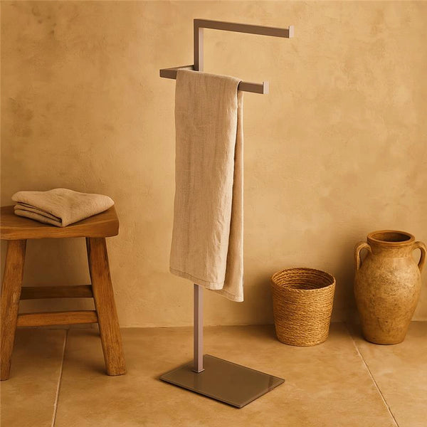 Piantana Portasciugamani doppio con base in vetro temperato e acciaio Tortora 810012