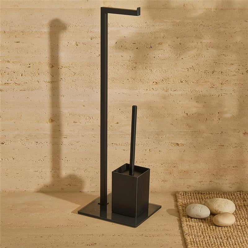 Piantana porta rotolo e porta scopino in acciaio con base in vetro temperato Nero