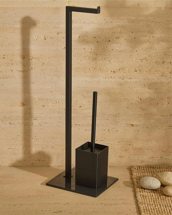 Piantana portarotolo e portascopino nero con base in vetro in vetro temperato montato a parete, vista del design e della...
