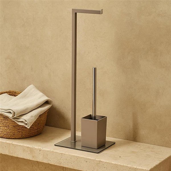 Piantana porta rotolo e portascopino in acciaio con base in vetro temperato tortora