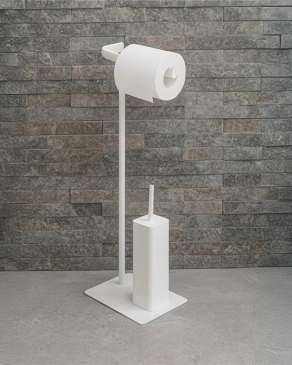 Piantana portarotolo e scopino acciaio bianco opaco Fusion montato a parete, vista del design e della finitura - Exagonshop