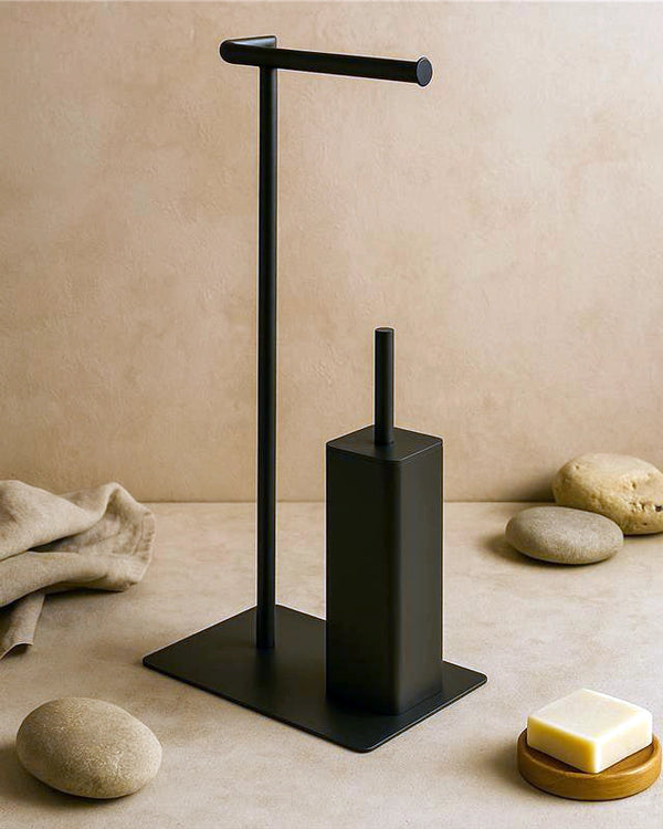 Piantana portarotolo e scopino acciaio nero opaco Fusion montato a parete, vista del design e della finitura - Exagonshop