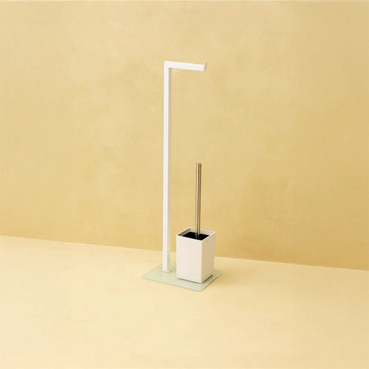 Piantana portarotolo portascopino bianco con base in vetro
