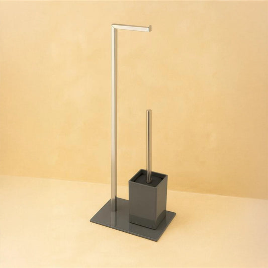 Piantana portarotolo porta scopino grigio con base in vetro