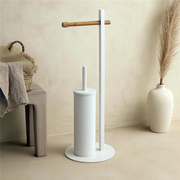 Piantana portascopino portarotolo in bamboo e acciaio bianco