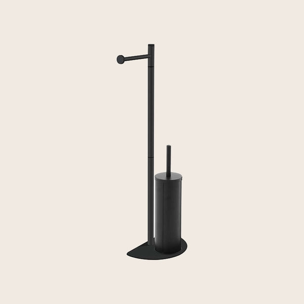 Piantana salvaspazio portarotolo e scopino nero in opaco montato a parete, vista del design e della finitura - Exagonshop