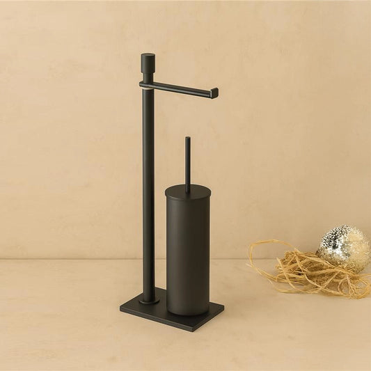 Piantana wc con portarotolo e portascopino con base ultraflat in acciaio nero opaco