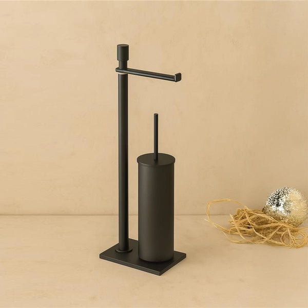 Piantana wc con portarotolo e portascopino con base ultraflat in acciaio nero opaco