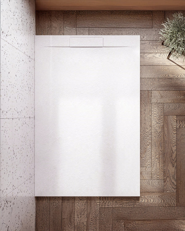 Piatto doccia 80x100 ultraflat in resina effetto pietra in pietra naturale visto dall'alto con superficie e piletta di...