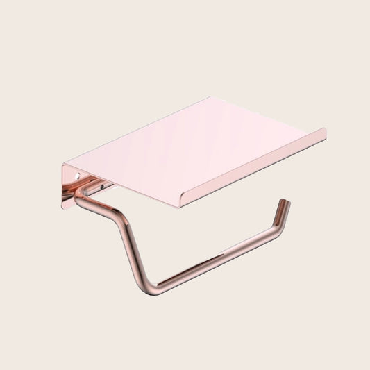 Portarotolo con mensola oro rosa spazzolato Minimal in acciaio inox montato a parete, vista del design e della finitura...