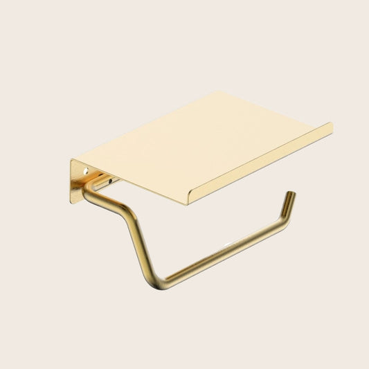 Portarotolo con mensola oro spazzolato Minimal in acciaio inox montato a parete, vista del design e della finitura...