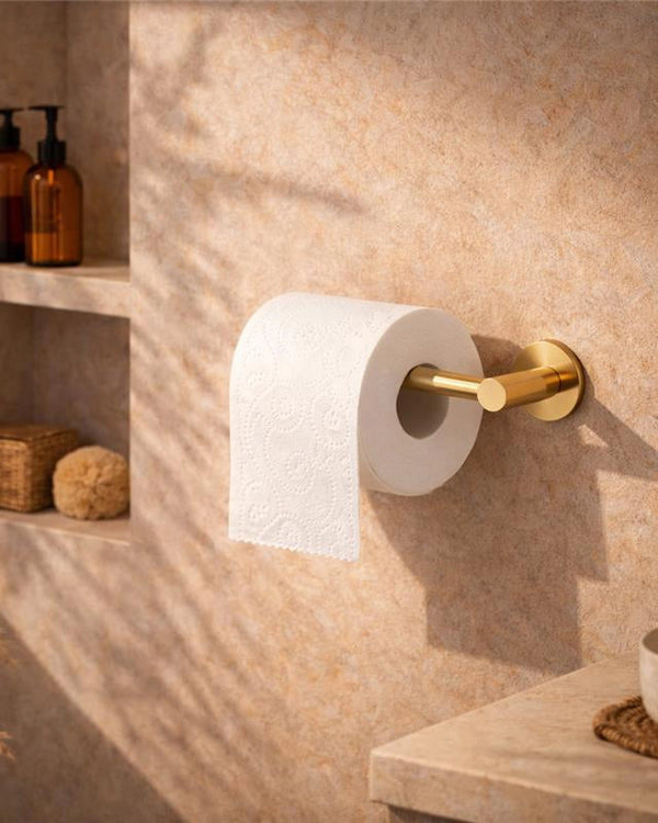 Portarotolo in acciaio oro spazzolato Minimal montato a parete, vista del design e della finitura - Exagonshop