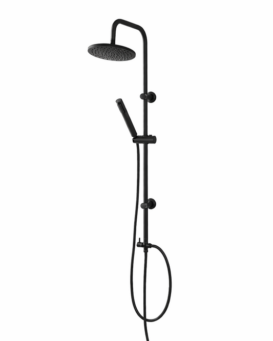 Colonna doccia con soffione 20 cm tondo in acciaio nero, dettaglio ravvicinato della finitura e del marchio - Exagonshop