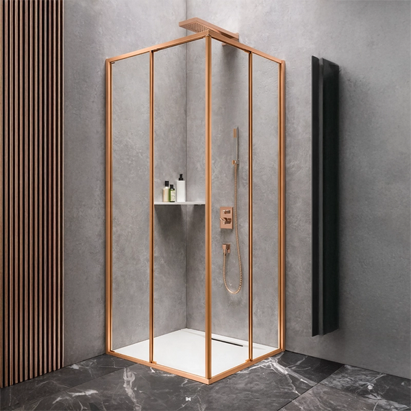 Relax Calamo 80x80 box doccia scorrevole 6 mm H 200 oro rosa installato in bagno moderno con ante in vetro temperato