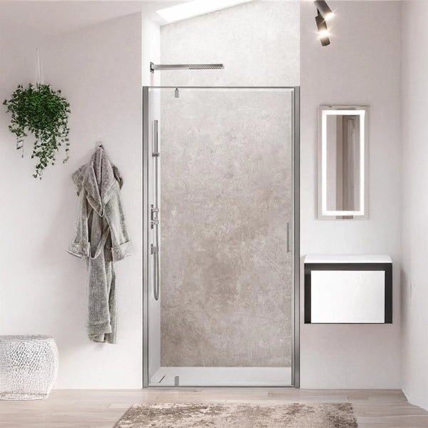 Relax Kubik B1 box 100 cm pivot a nicchia 8 mm H 200 acciaio installato in bagno moderno con ante in vetro temperato