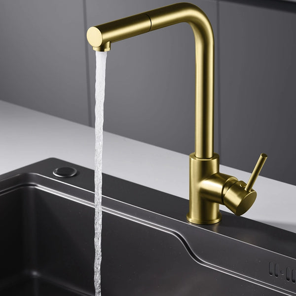 Rubinetto cucina estraibile Linda oro spazzolato, vista laterale della canna girevole - Exagonshop