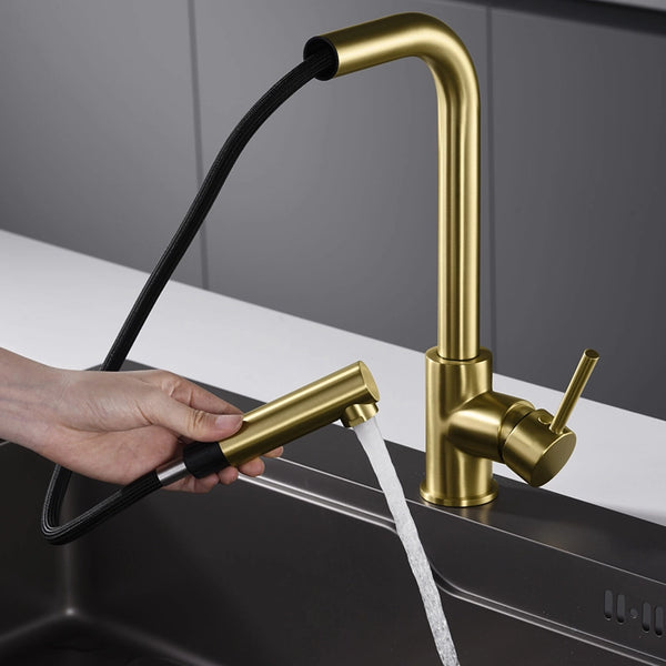 Rubinetto cucina estraibile Linda oro spazzolato, dettaglio della doccetta estraibile - Exagonshop